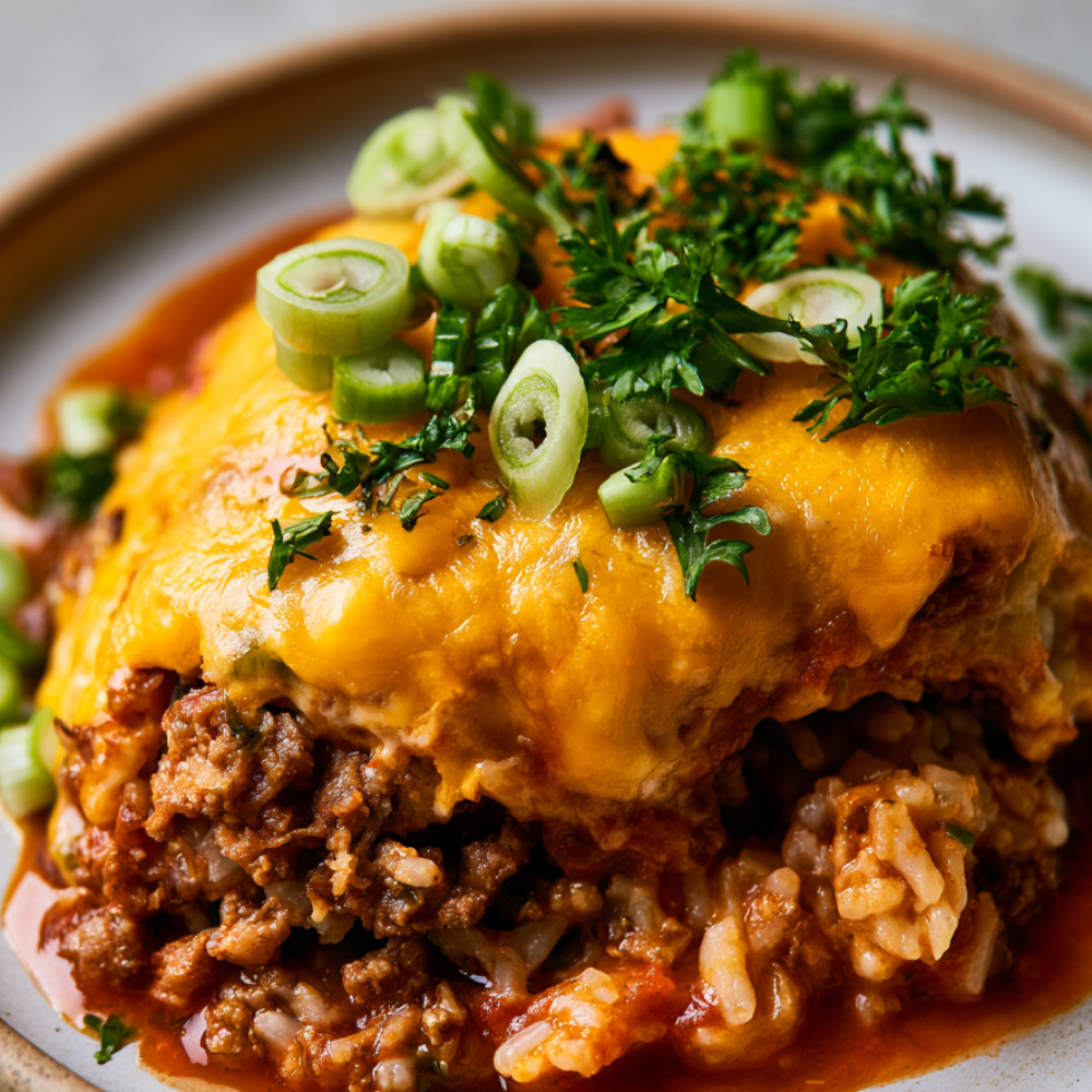 Cheesy Ground Beef and Rice Casserole - served