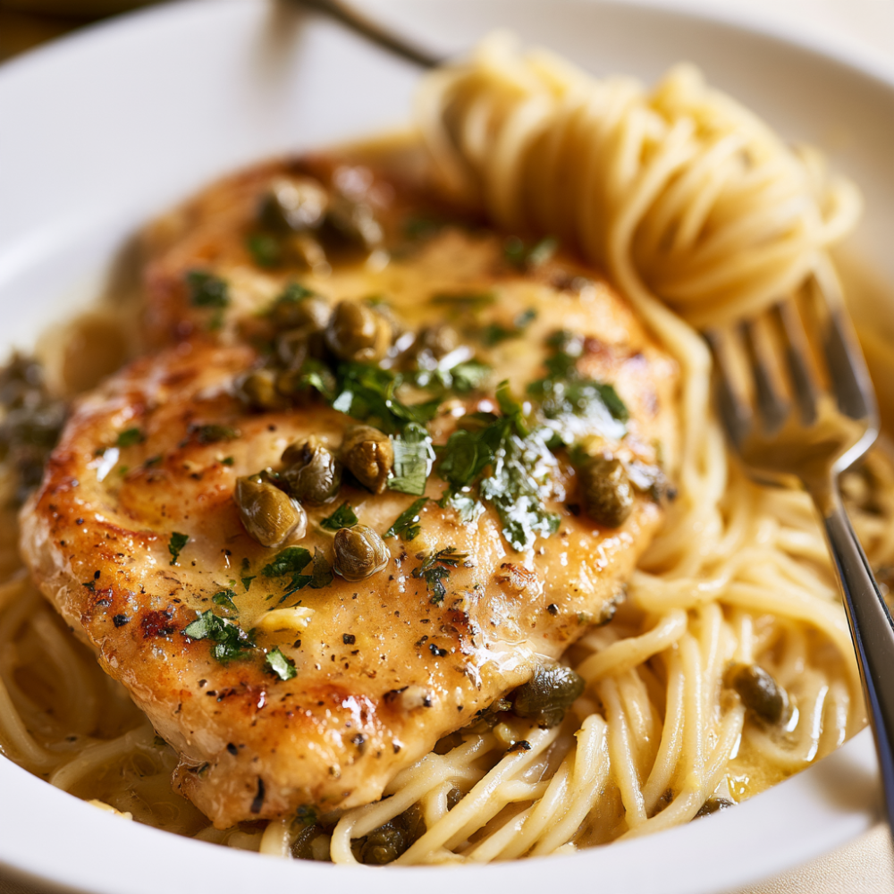 Chicken Piccata over pasta