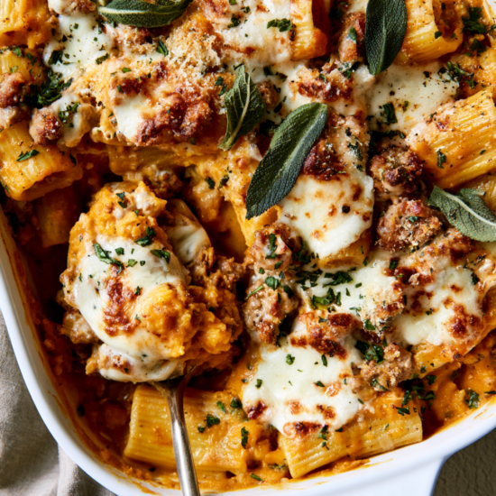 Creamy Butternut Squash & Turkey Sausage Pasta Bake
