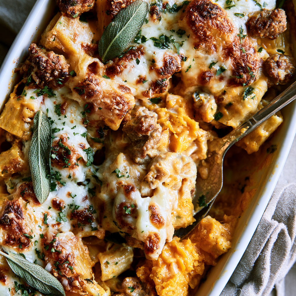 Creamy Butternut Squash & Turkey Sausage Pasta Bake - Baked
