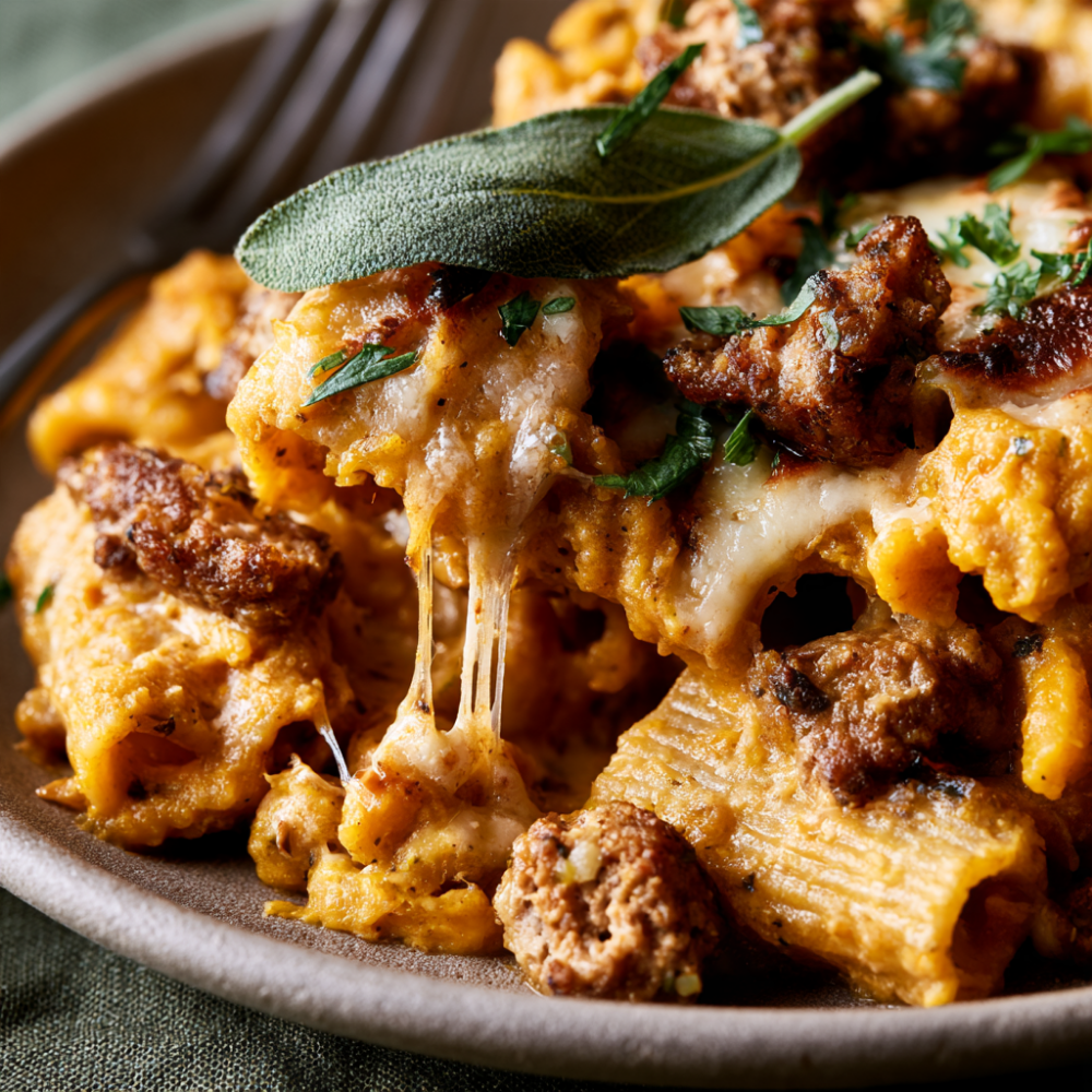 Creamy Butternut Squash & Turkey Sausage Pasta Bake-Served