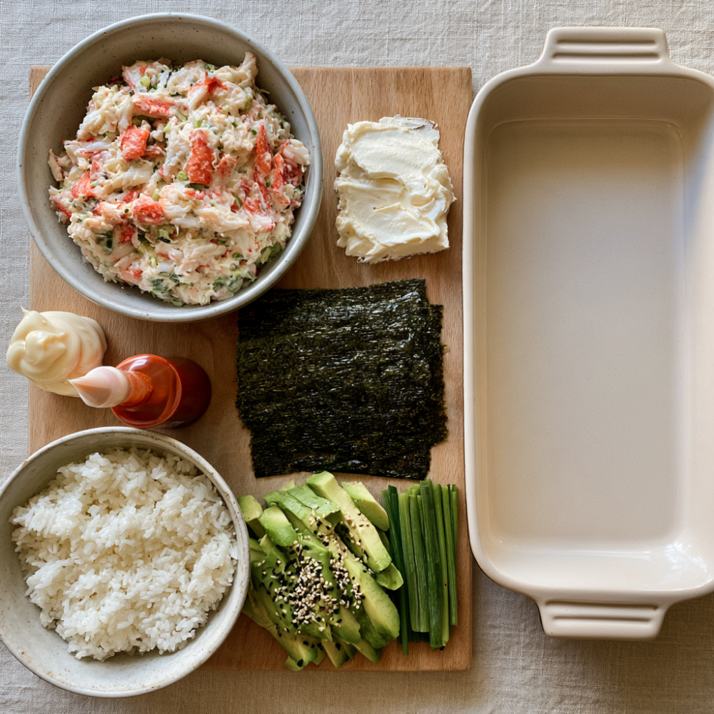 Creamy Crab and Avocado Sushi Bake Ingredients