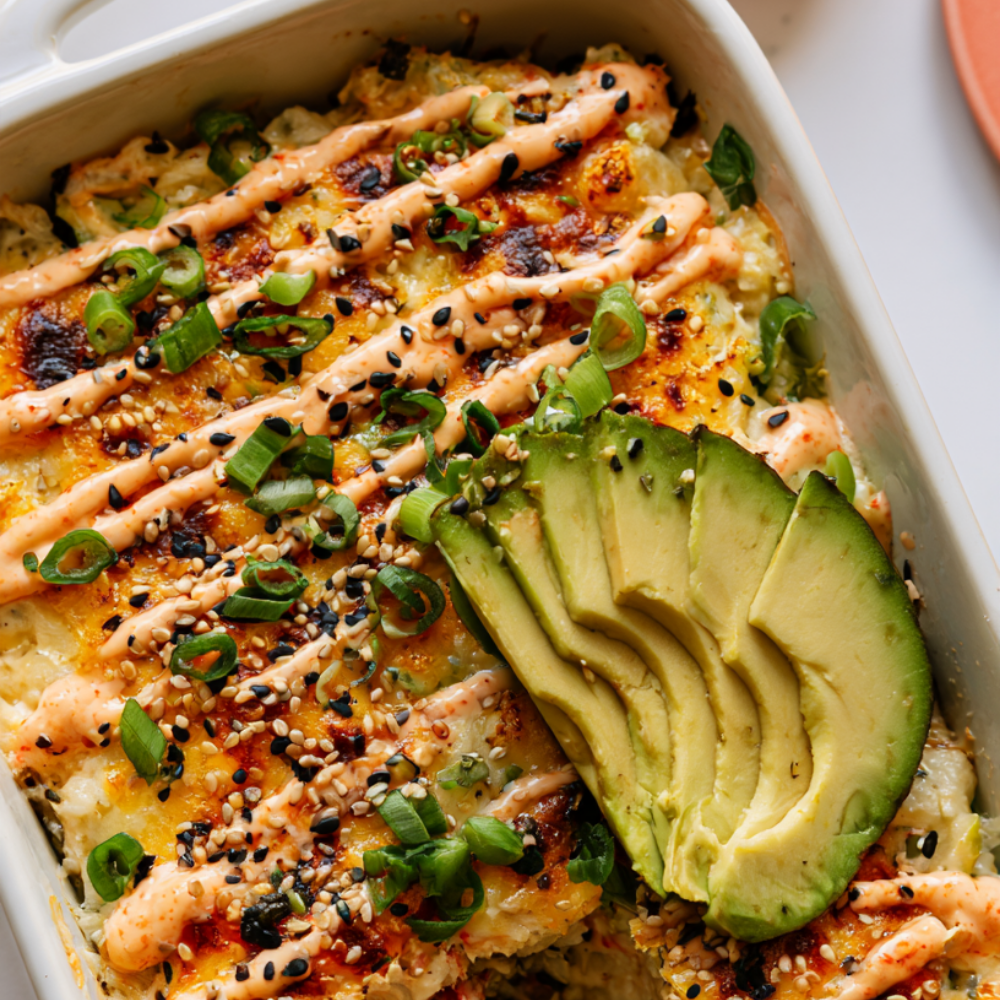 Creamy Crab and Avocado Sushi Bake Top view