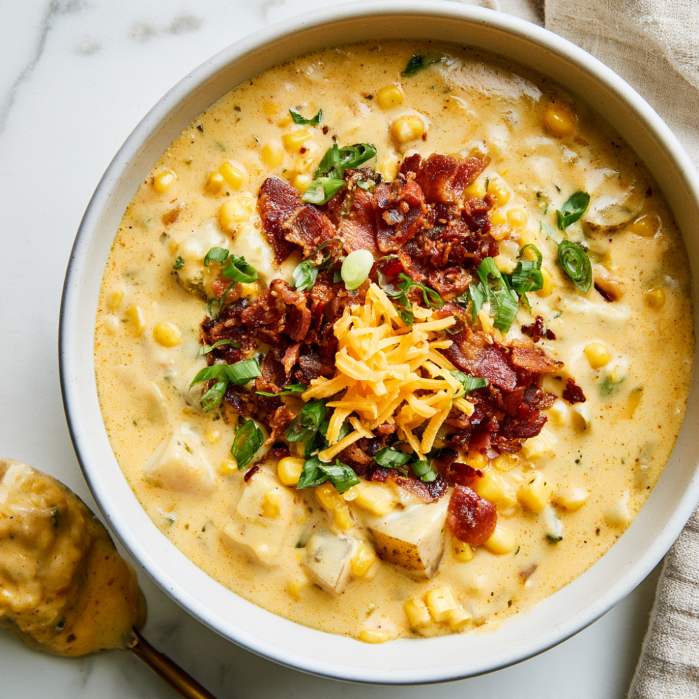 Creamy Crockpot Corn Chowder Loaded with Bacon
