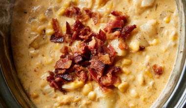 Creamy Crockpot Corn Chowder Loaded with Bacon-closeup