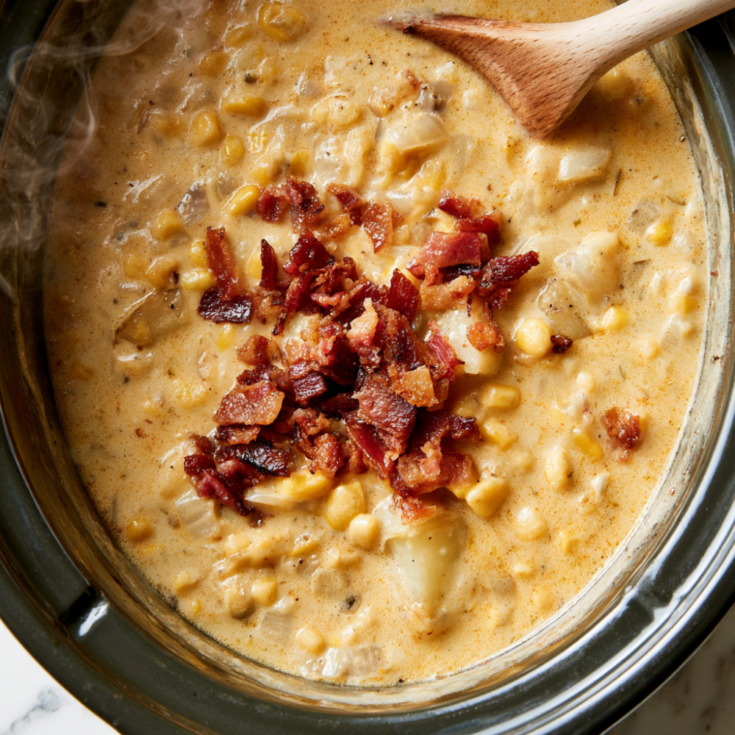 Creamy Crockpot Corn Chowder Loaded with Bacon-closeup