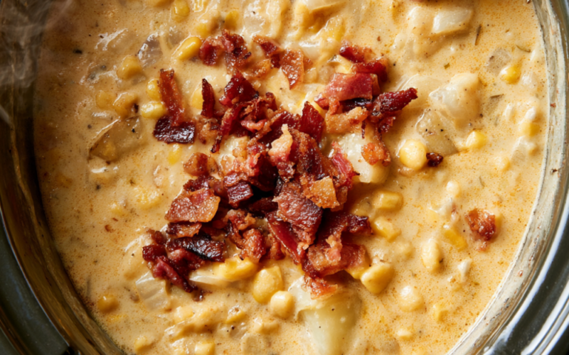 Creamy Crockpot Corn Chowder Loaded with Bacon-closeup