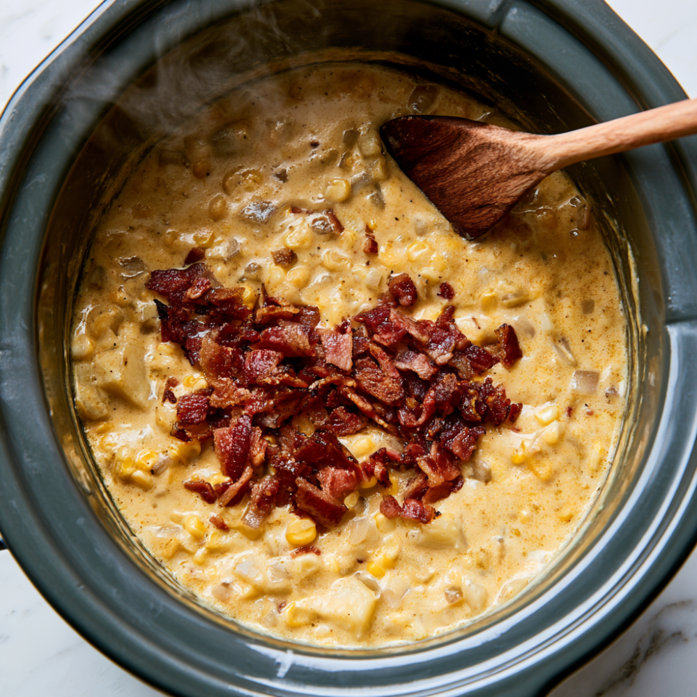 Creamy Crockpot Corn Chowder Loaded with Bacon