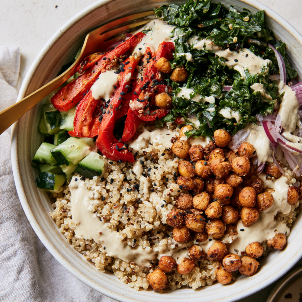 Creamy Tahini Quinoa & Roasted Chickpea Power Bowl