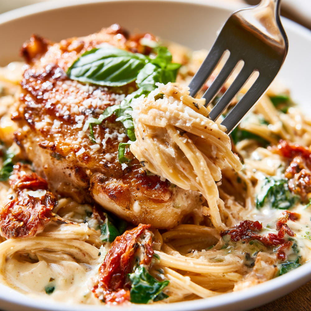 Creamy Tuscan Chicken-over Pasta