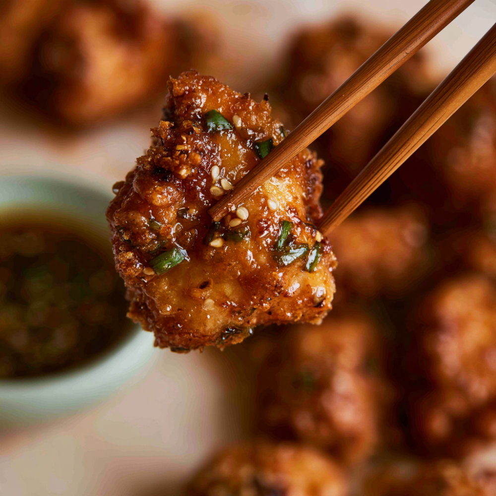 Crispy Honey Garlic Air Fryer Chicken Bites -closeup