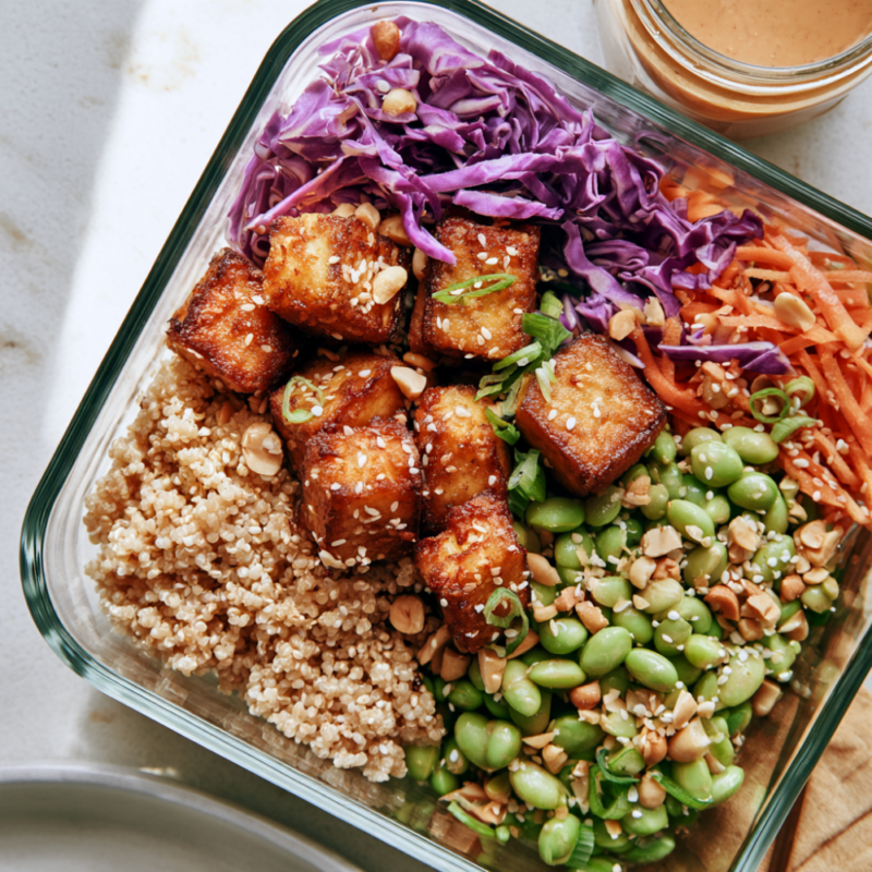 Crispy Tofu & Peanut Sesame Quinoa Crunch Bowls- Quinoa meal prep
