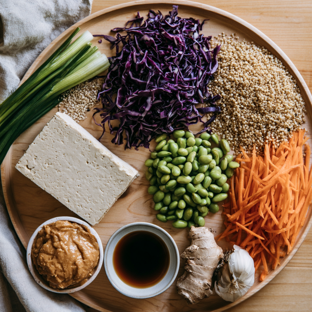 Crispy Tofu & Peanut Sesame Quinoa Crunch Bowls- Quinoa meal prep Ingredients