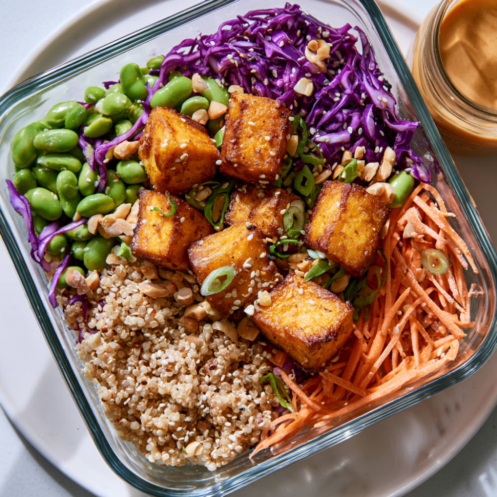 Crispy Tofu & Peanut Sesame Quinoa Crunch Bowls- Quinoa meal prep
