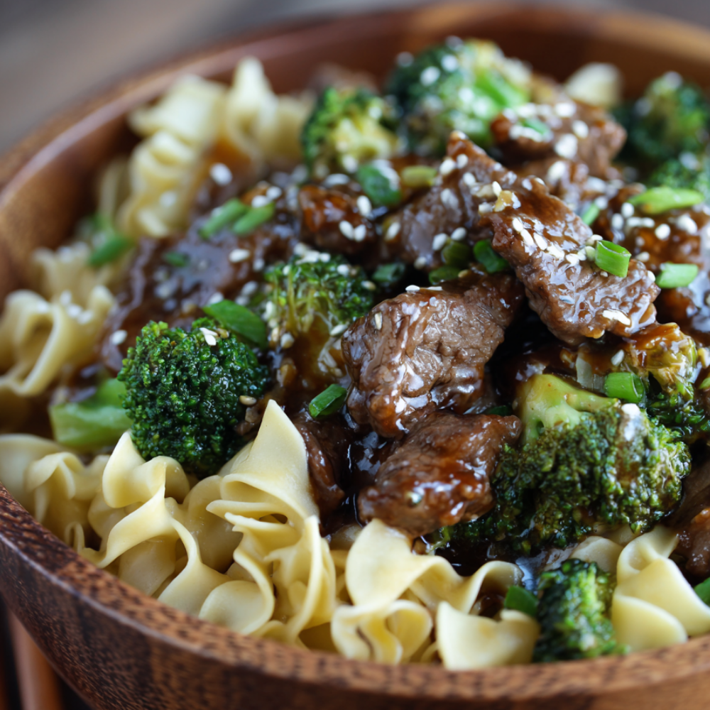 Crockpot Beef and Broccoli Over Egg Noodles