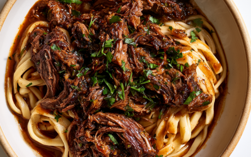 Crockpot Beef and Noodles-served