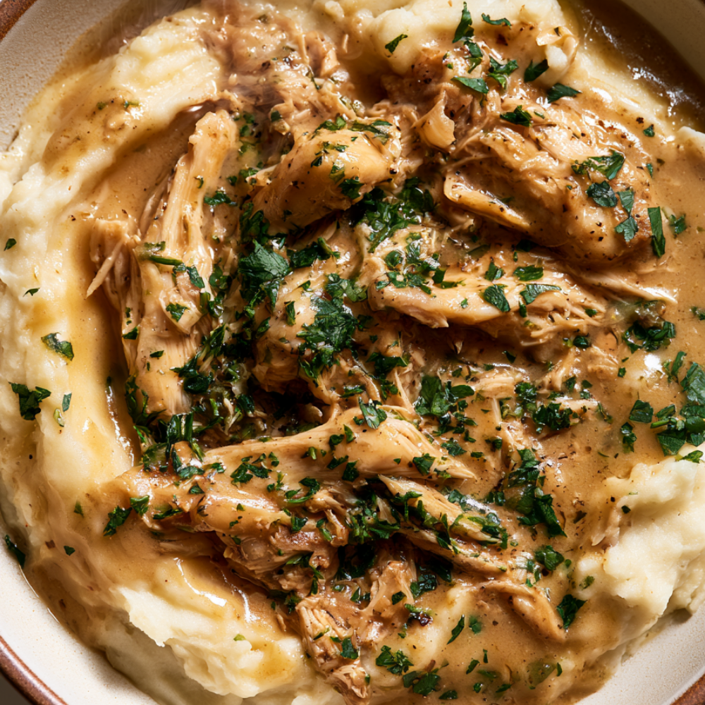 Crockpot Chicken and Gravy Over Mashed Potatoes