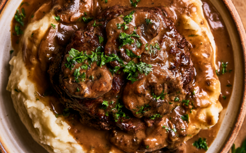 Crockpot Cube Steak-over mashed potato