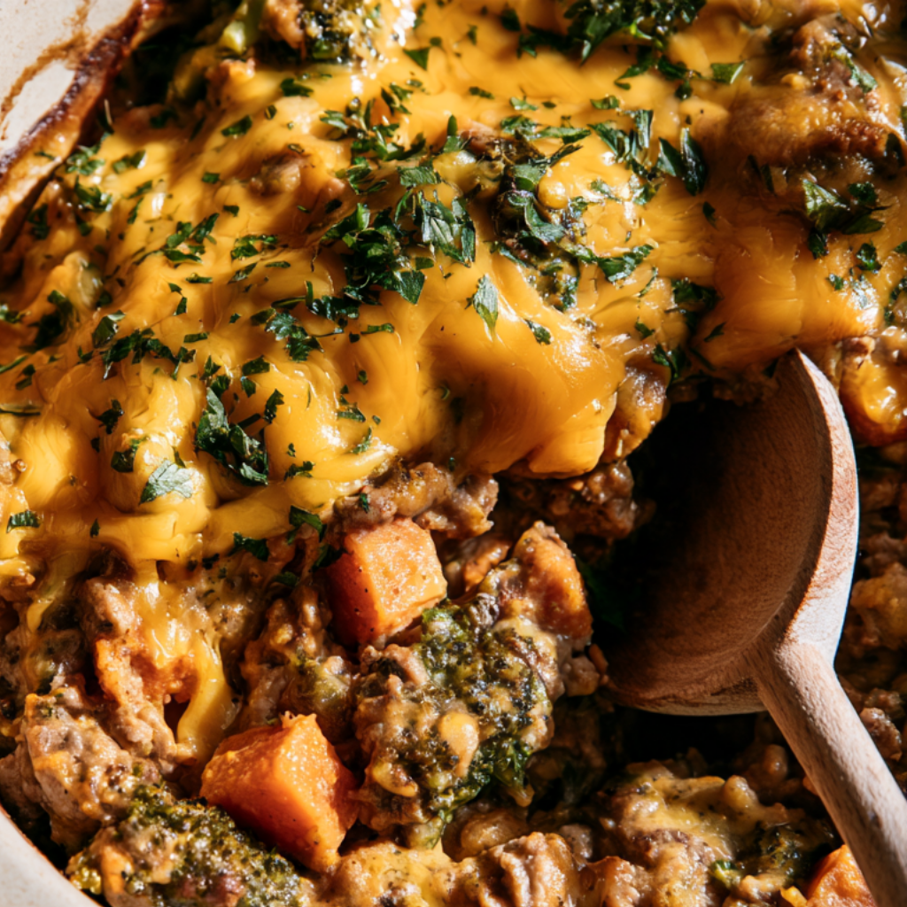 Crockpot Ground Turkey, Sweet Potato & Broccoli Casserole- close up