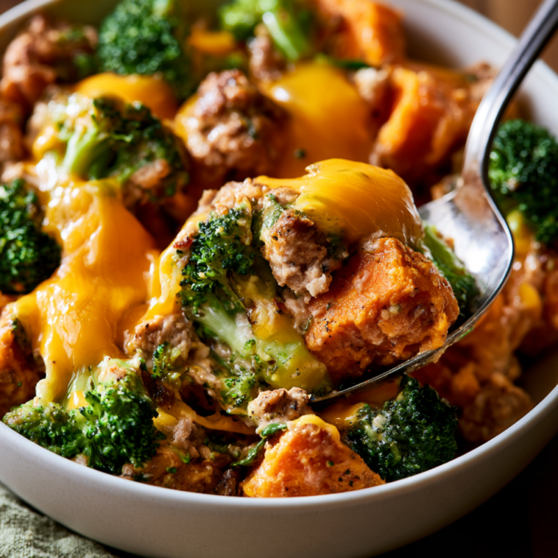 Crockpot Ground Turkey, Sweet Potato & Broccoli Casserole-served
