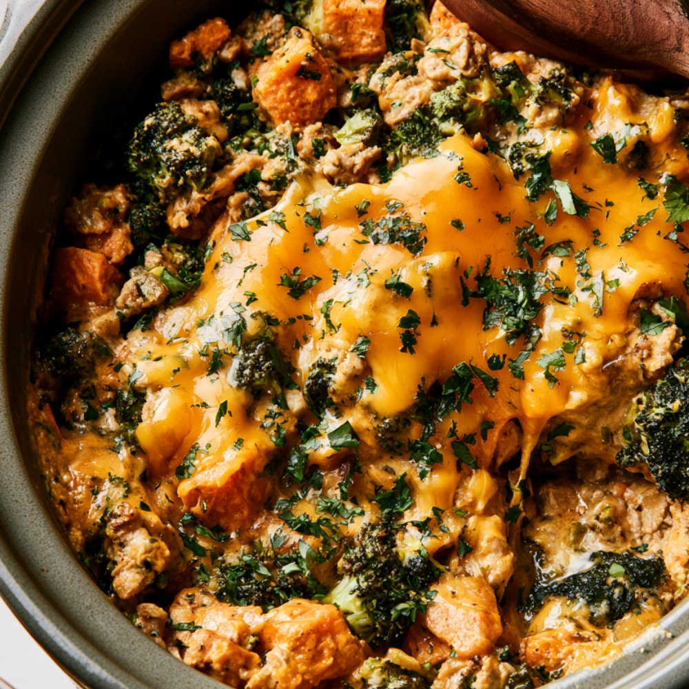Crockpot Ground Turkey, Sweet Potato & Broccoli Casserole