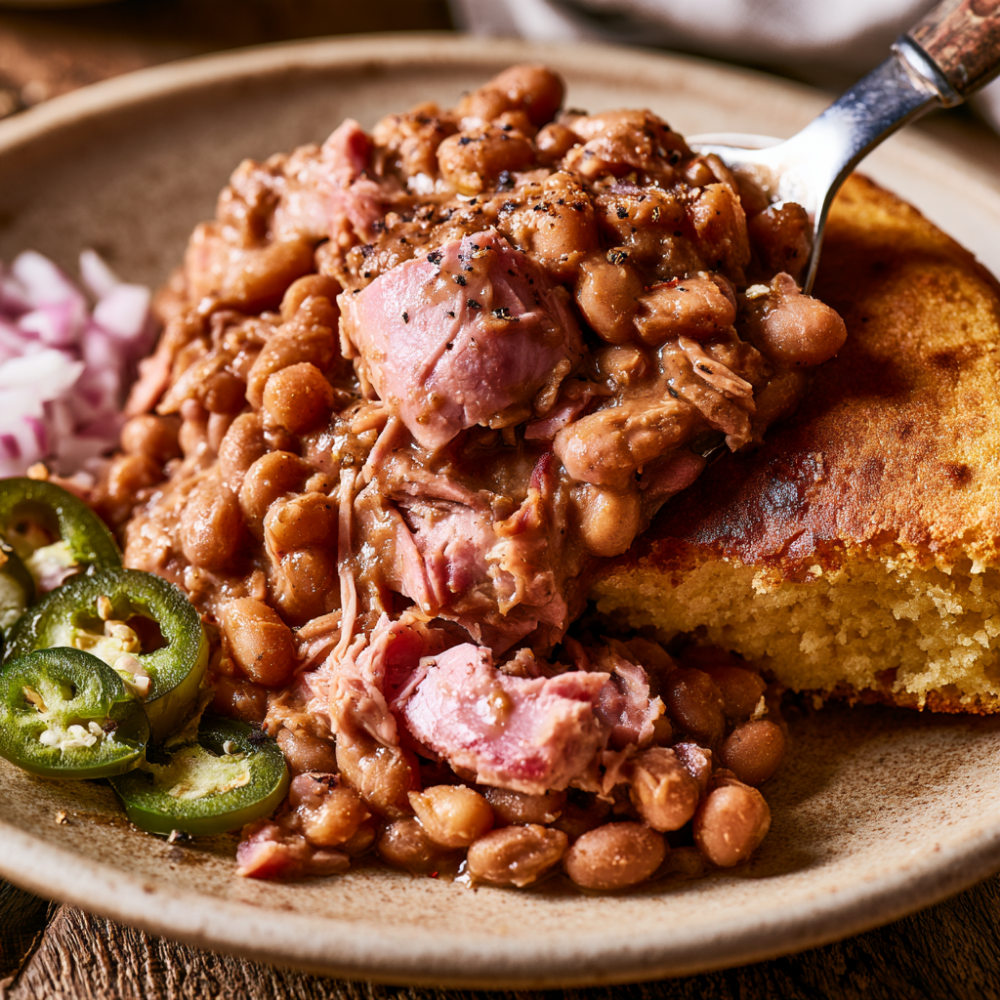 Crockpot Ham and Beans Serving Over Cornbread