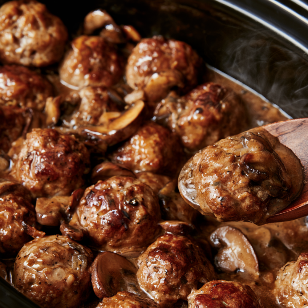 Crockpot Salisbury Meatballs Closeup