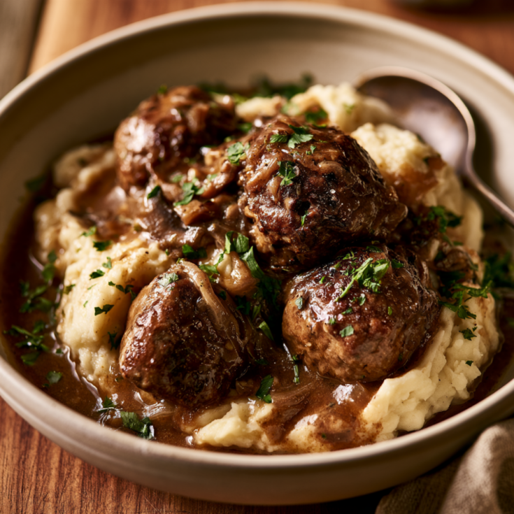 Crockpot Salisbury Meatballs-Served