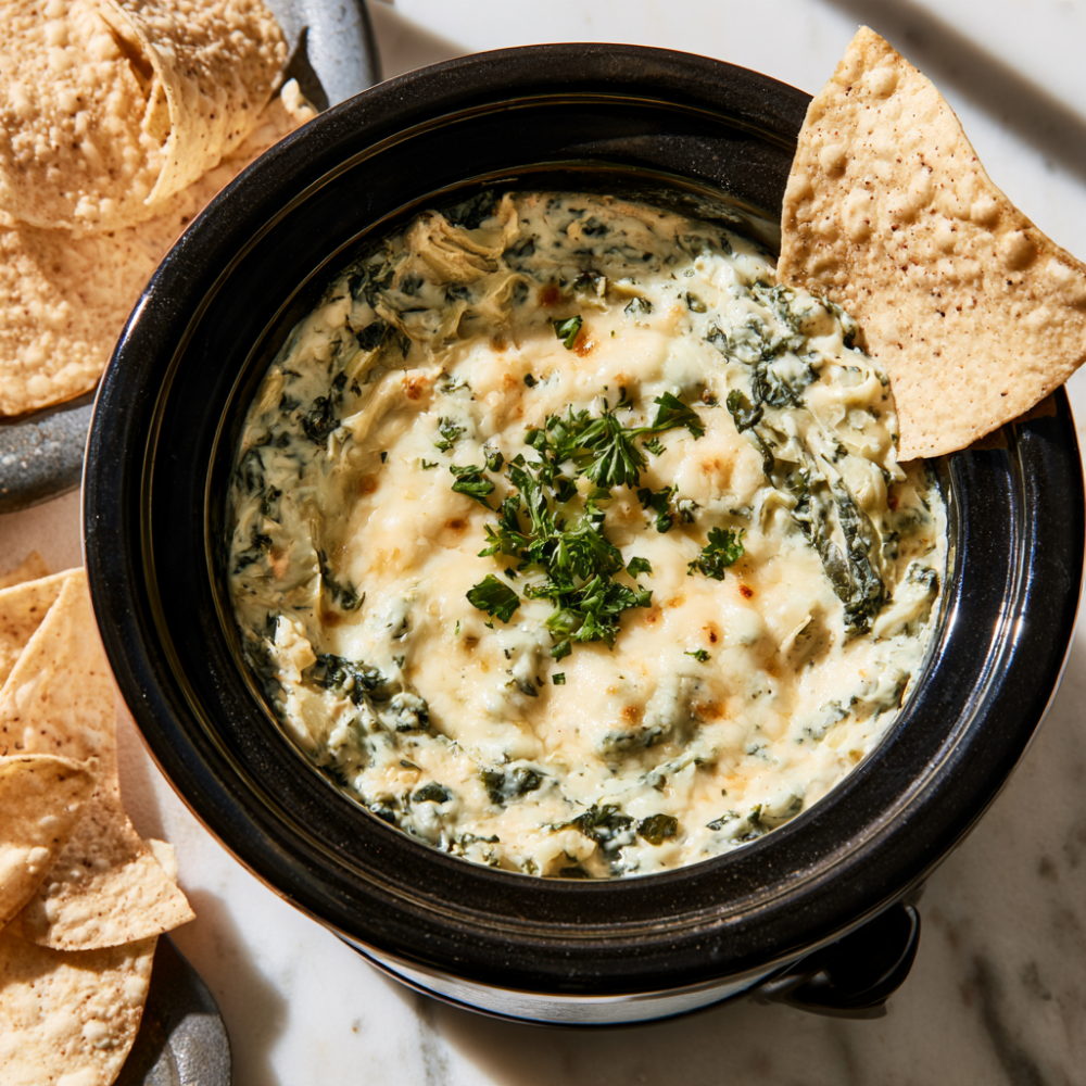 Crockpot Spinach Artichoke Dip with chips