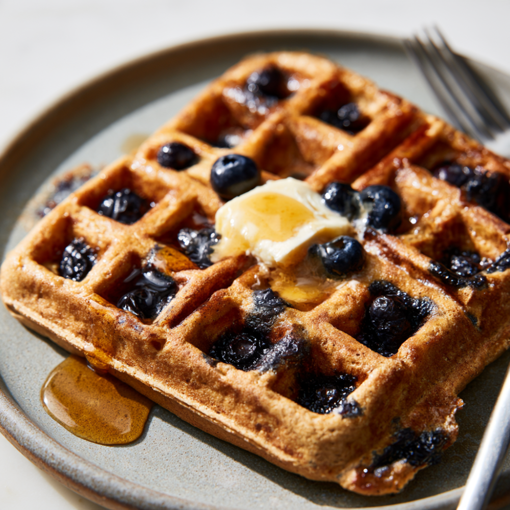 Greek Yogurt Blueberry Protein Waffles-served