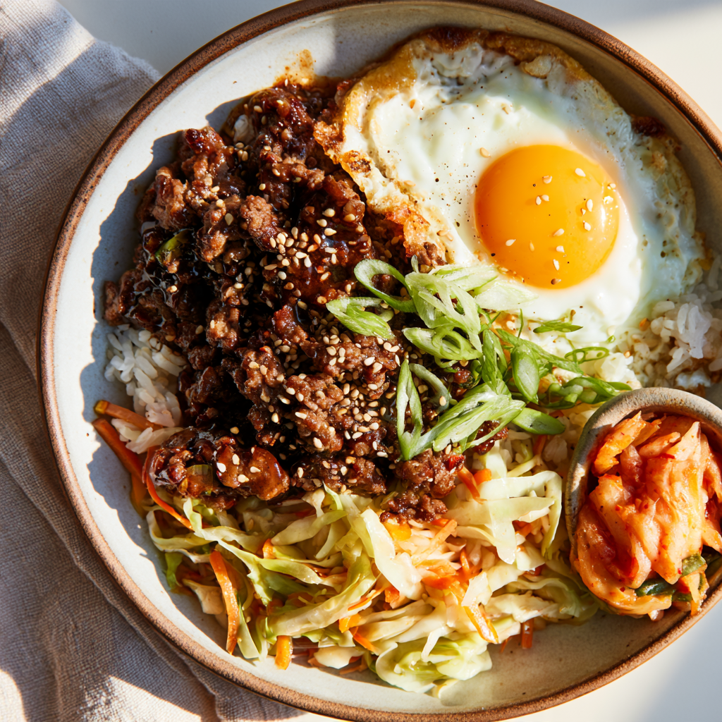Ground Beef Bulgogi Bowls with fried egg