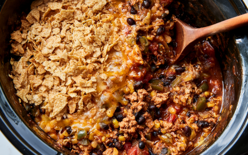 Ground Turkey Crockpot Taco Casserole-cheesy