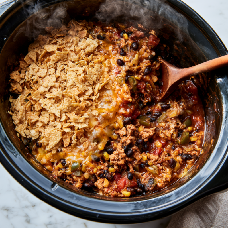 Ground Turkey Crockpot Taco Casserole-cheesy