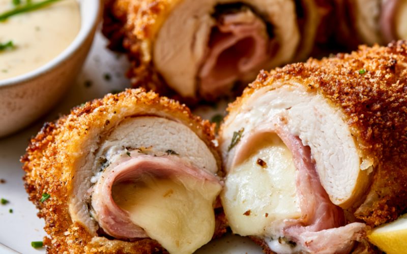 Healthy Chicken Cordon Bleu cut in half