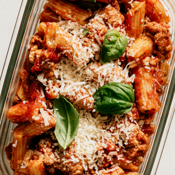 Healthy Turkey Bolognese Meal-Prep Pasta Bowls close up