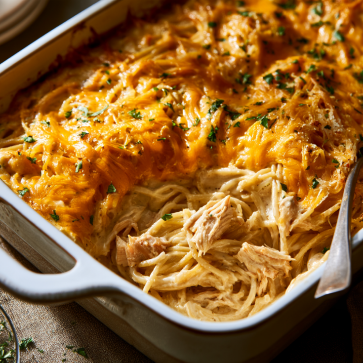 High-Protein Baked Chicken Spaghetti -baking dish