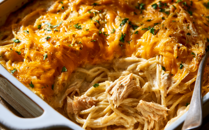 High-Protein Baked Chicken Spaghetti -baking dish