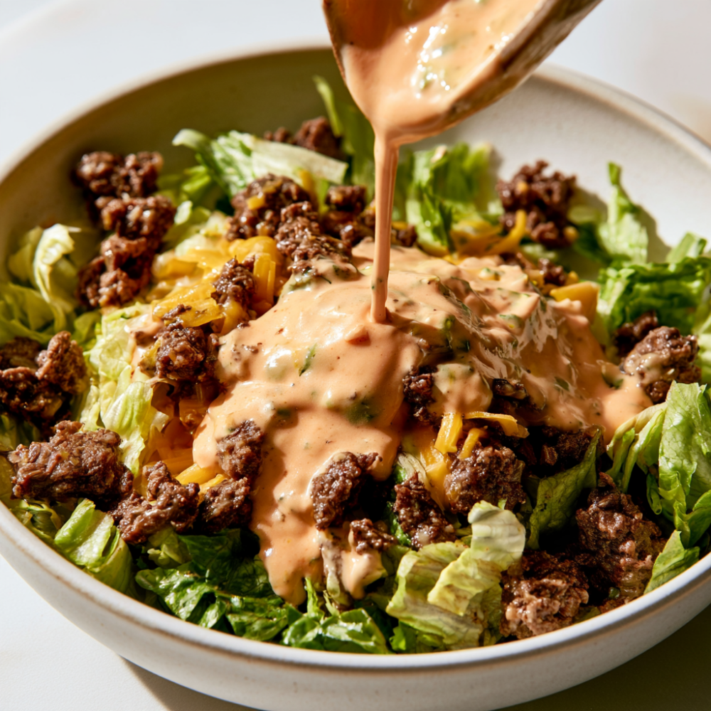 High-Protein Big Mac Salad -Dressing