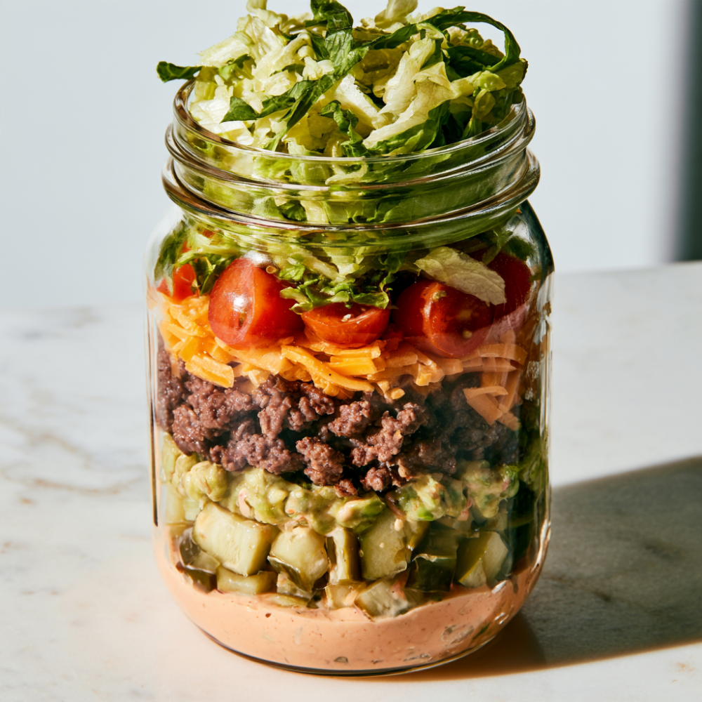High-Protein Big Mac Salad in a Mason Jar