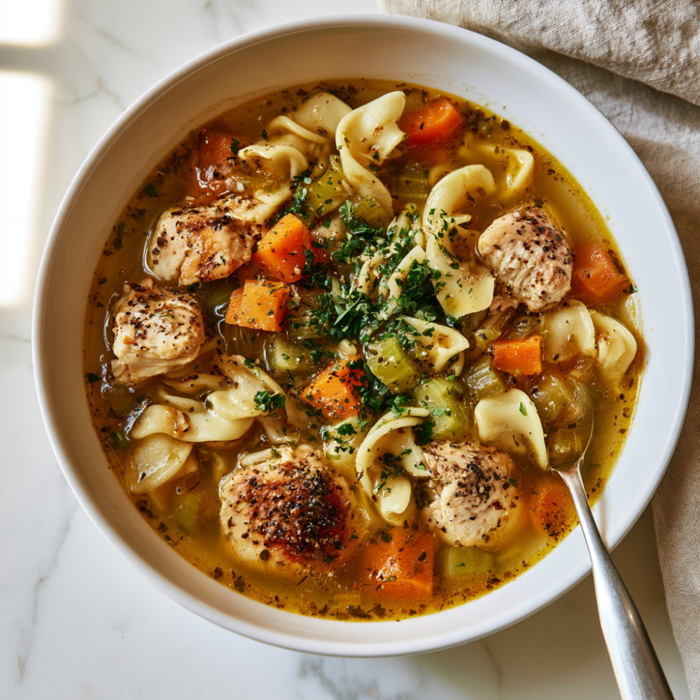 High-Protein Chicken Noodle Soup-bowl