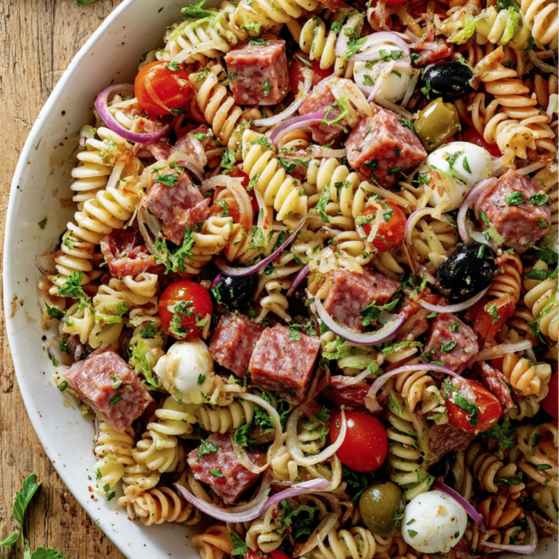 High-Protein Italian Pasta Salad-served