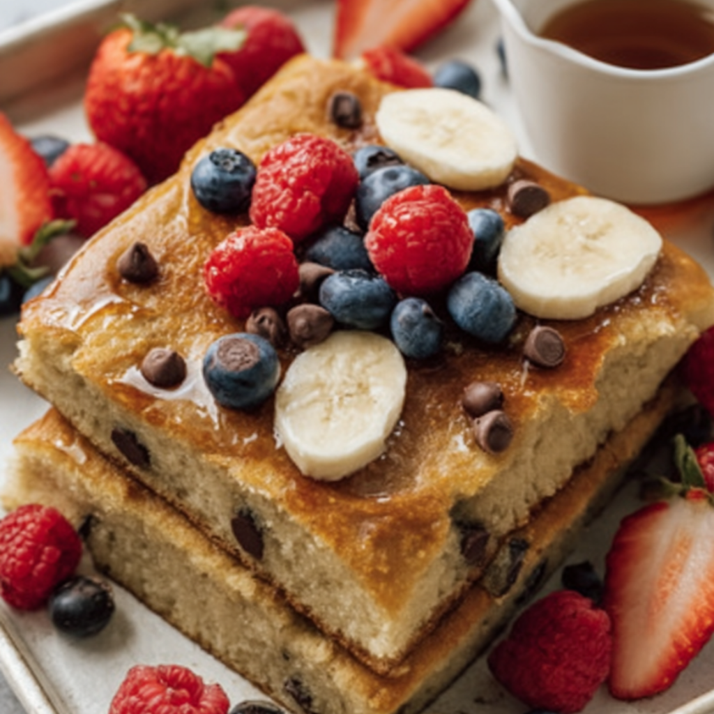 High-Protein Sheet Pan Pancakes stacked