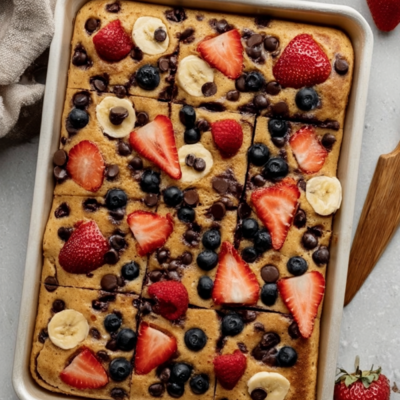 High-Protein Sheet Pan Pancakes with berries