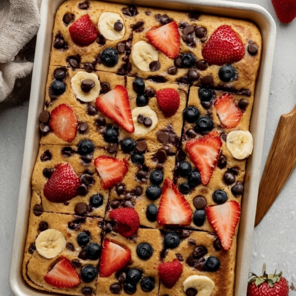 High-Protein Sheet Pan Pancakes with berries