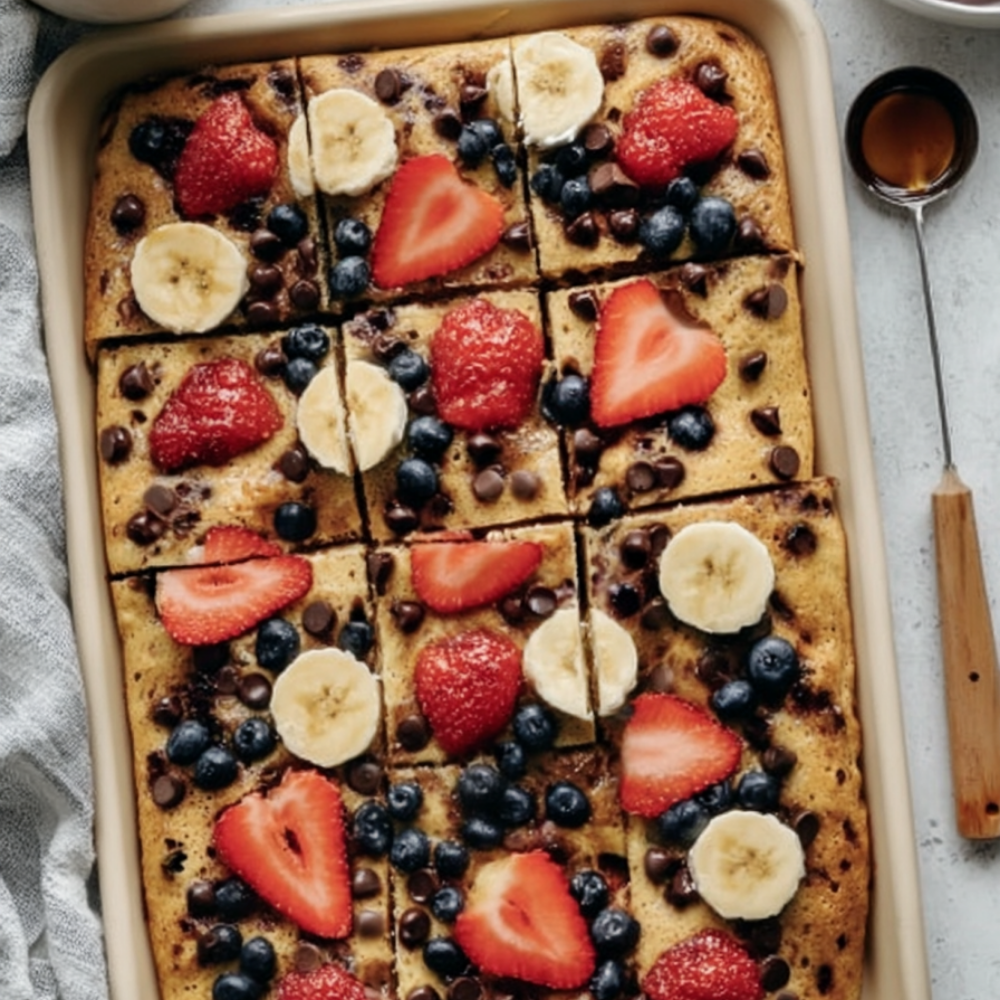 High-Protein Sheet Pan Pancakes with toppings
