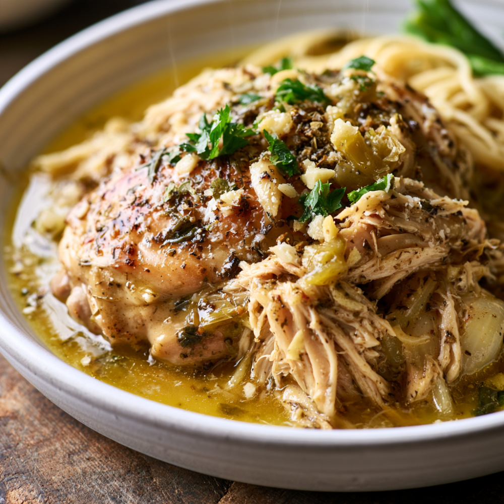 Italian Chicken Crockpot Recipe-served over pasta