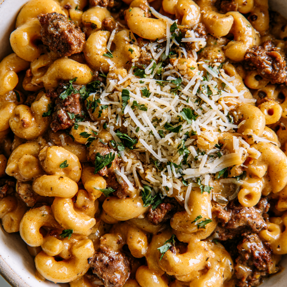 Mac and Cheese with Ground Beef-Closeup