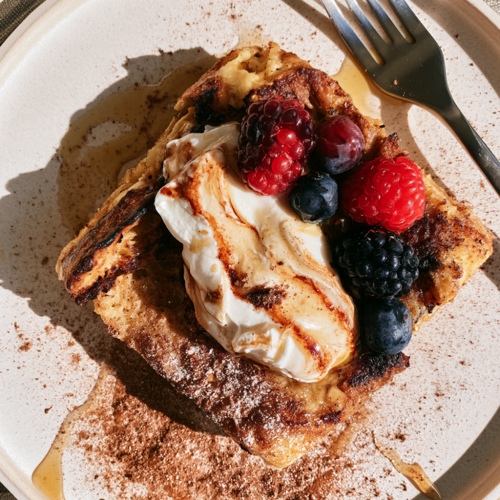 Maple Pecan Protein French Toast Casserole with toppings