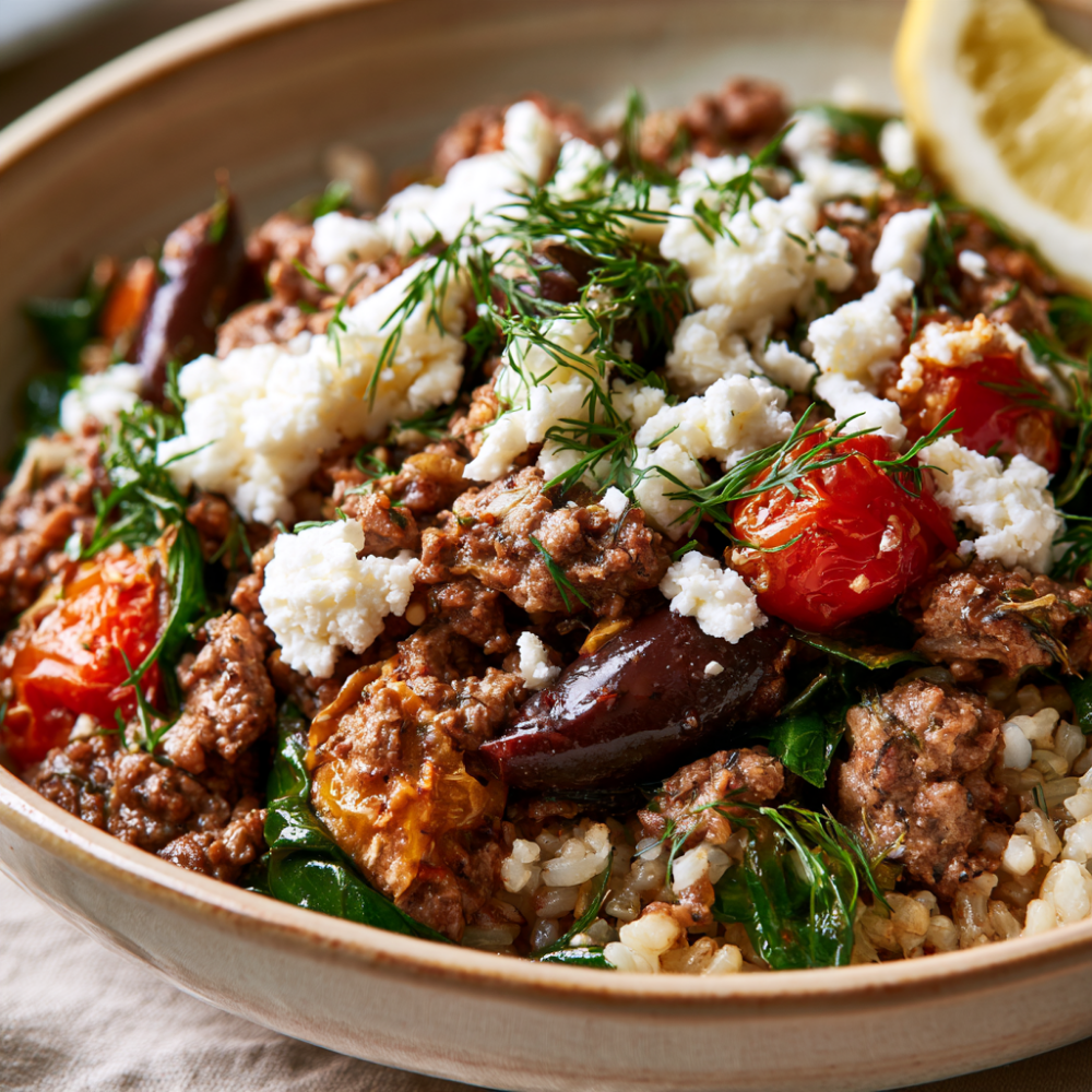 Mediterranean Ground Beef Stir-Fry Bowl