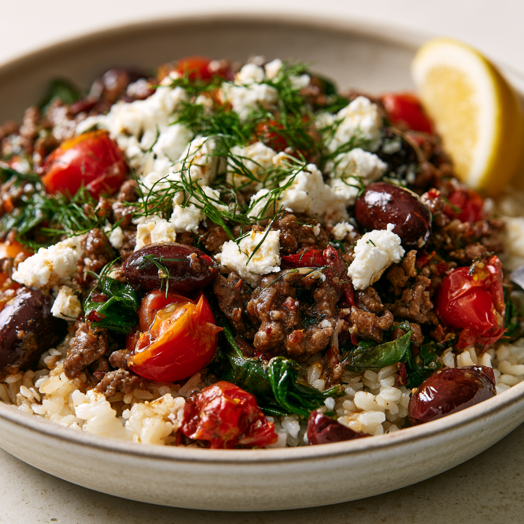 Mediterranean Ground Beef Stir-Fry Served